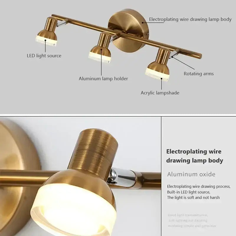 Brass-finished three-light adjustable wall lamp with acrylic lampshades for decorbites led mirror headlight use