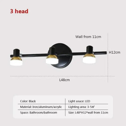 Black three-head led wall lamp with gold-finished heads made of iron aluminum acrylic for decorbites led mirror headlight