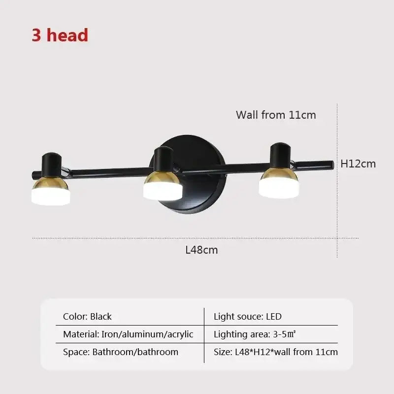Black three-head led wall lamp with gold-finished heads made of iron aluminum acrylic for decorbites led mirror headlight