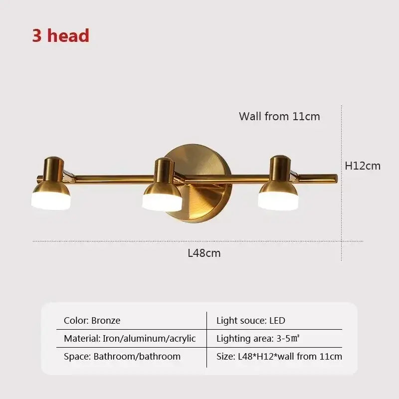 Bronze-finished three-head led wall lamp by decorbites led mirror with iron aluminum and acrylic for bathroom bedroom decor