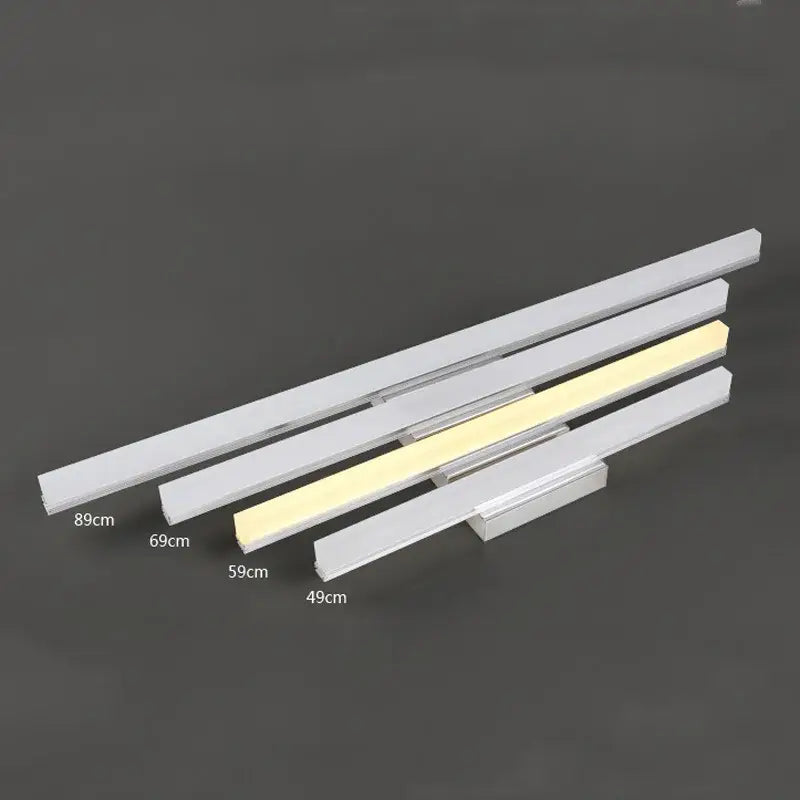 Set of four sleek silver and warm white decorbites led mirror light strips in 49cm to 89cm lengths for vanity use