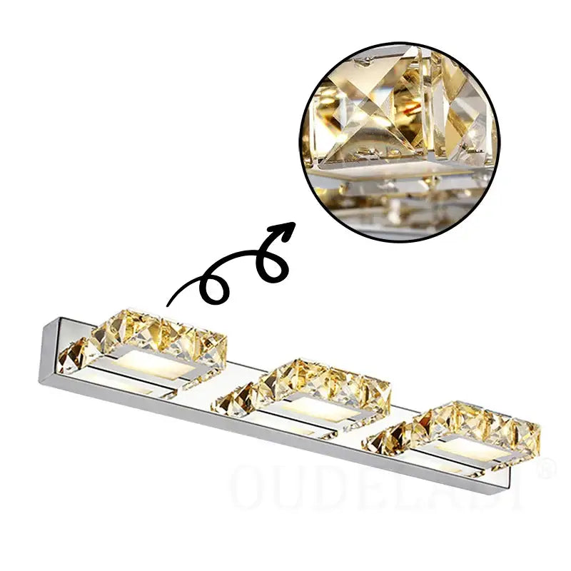 Modern chrome wall lamp with three rectangular crystal accents and warm golden glow for bathroom vanity by DecorBites LED Mirror light