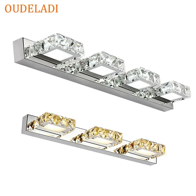 Oudeladi decorbites led mirror wall lamp with four crystal rectangular led modules in chrome finish for bathroom use