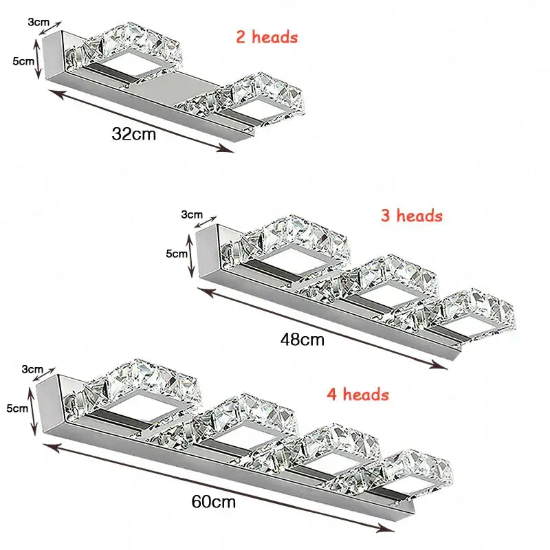 Modern chrome wall lamp with crystal rectangular heads in three configurations for DecorBites led mirror light use