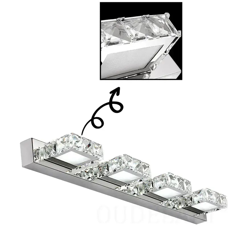Modern chrome finish wall lamp with four square crystal accents by DecorBites LED mirror light for bathroom vanity use