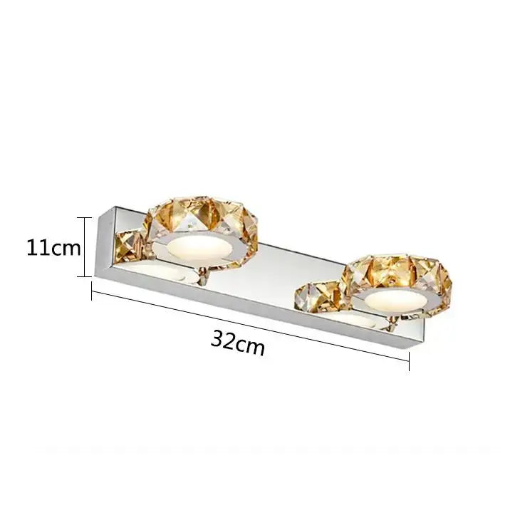 Modern chrome-finished wall lamp with two amber crystal accents and circular led bulbs for decorbites led mirror light