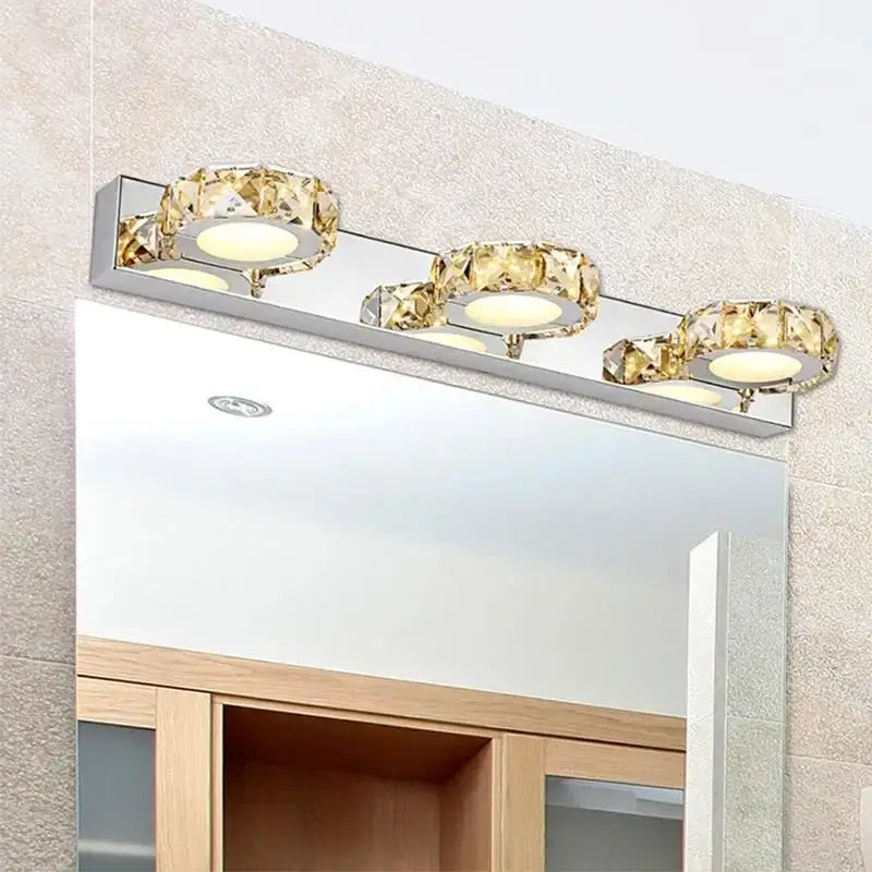 Decorbites led mirror light gold crystal wall lamp with three circular led lamps on chrome bar for bathroom vanity