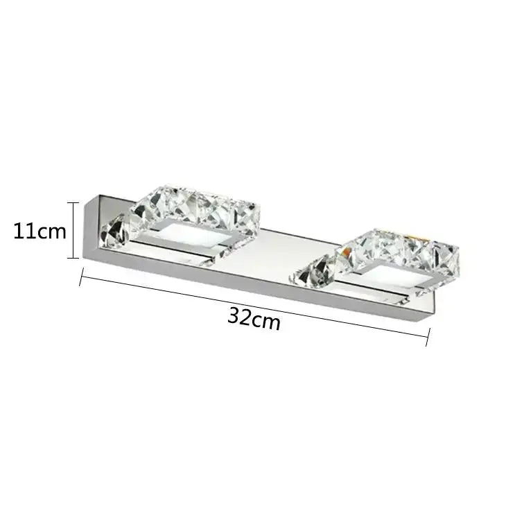 Modern chrome-finished wall lamp with two rectangular crystal accents for bathroom vanity by DecorBites led mirror light