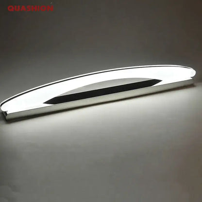 Modern chrome-finished decorbites led mirror light fixture with curved design and integrated black accent strip for bathroom use