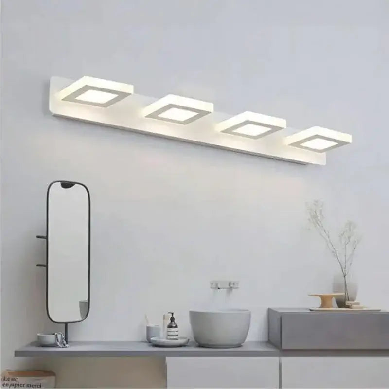 Modern white decorbites led mirror light fixture with four square acrylic panels for bathroom indoor lighting
