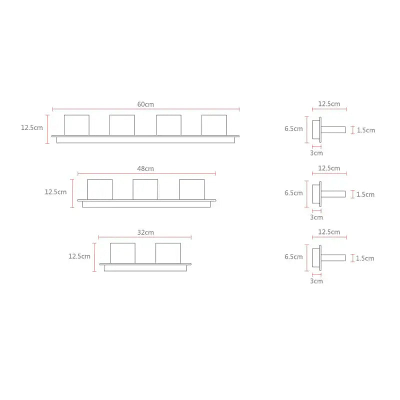 Minimalist white acrylic shelf with four rectangular compartments in three sizes for decorbites led mirror light fixtures