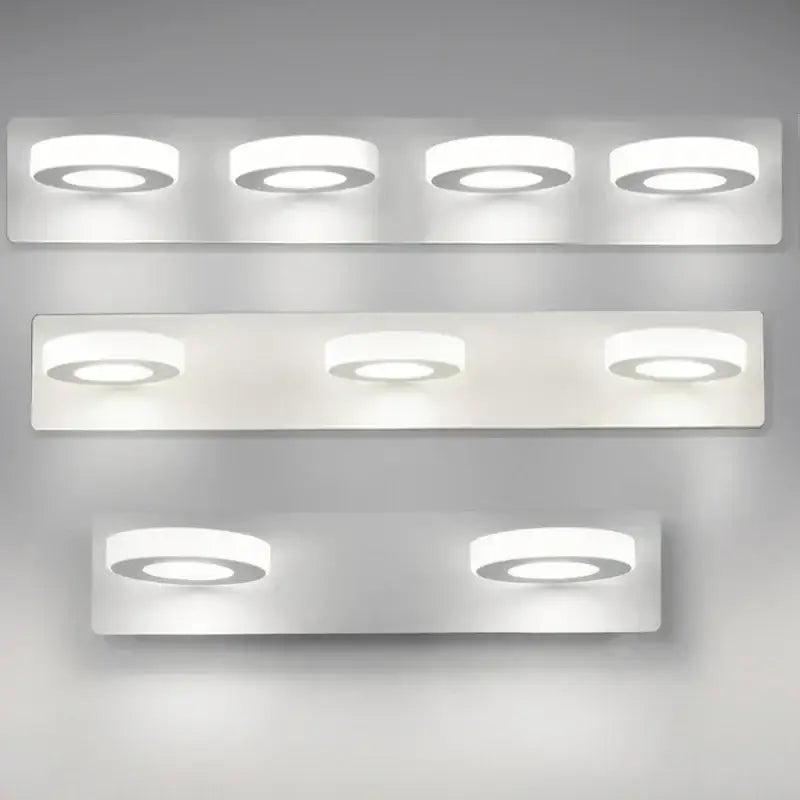 Modern white decorbites led mirror light with circular bulbs in sleek acrylic rectangular panels for indoor bathroom use