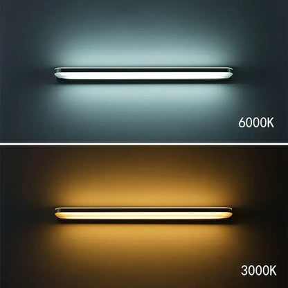Modern minimalist decorbites led mirror light with sleek stainless steel frame and diffused glass panel in cool or warm white