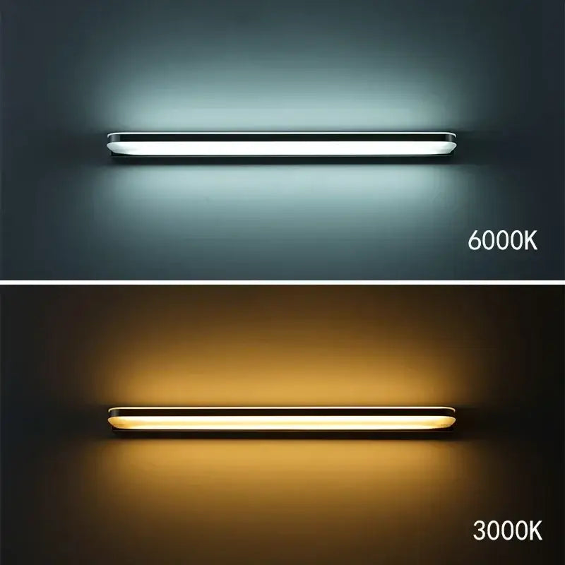 Modern minimalist decorbites led mirror light with sleek stainless steel frame and diffused glass panel in cool or warm white