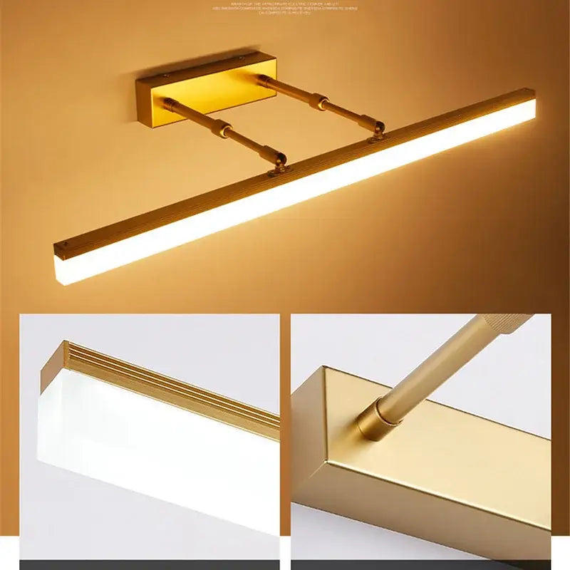 Gold-finished rectangular DecorBites LED mirror wall lamp with adjustable arms for modern bathroom lighting