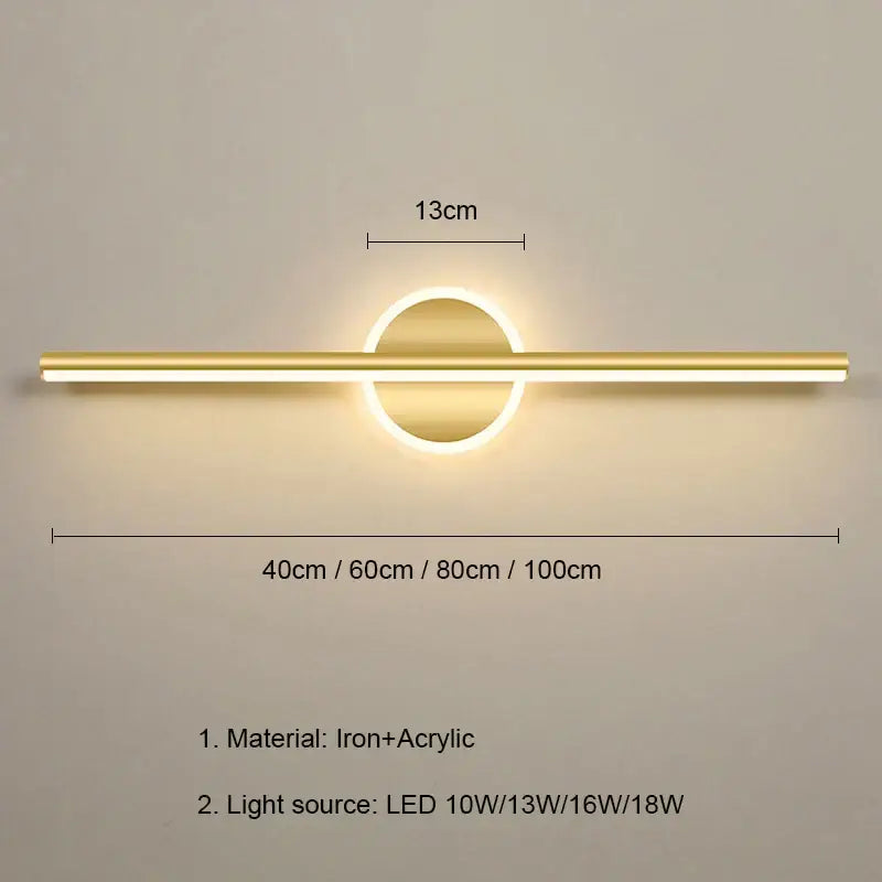 Modern gold-toned decorbites led mirror wall lamp with sleek horizontal bar and circular led mirror light fixture