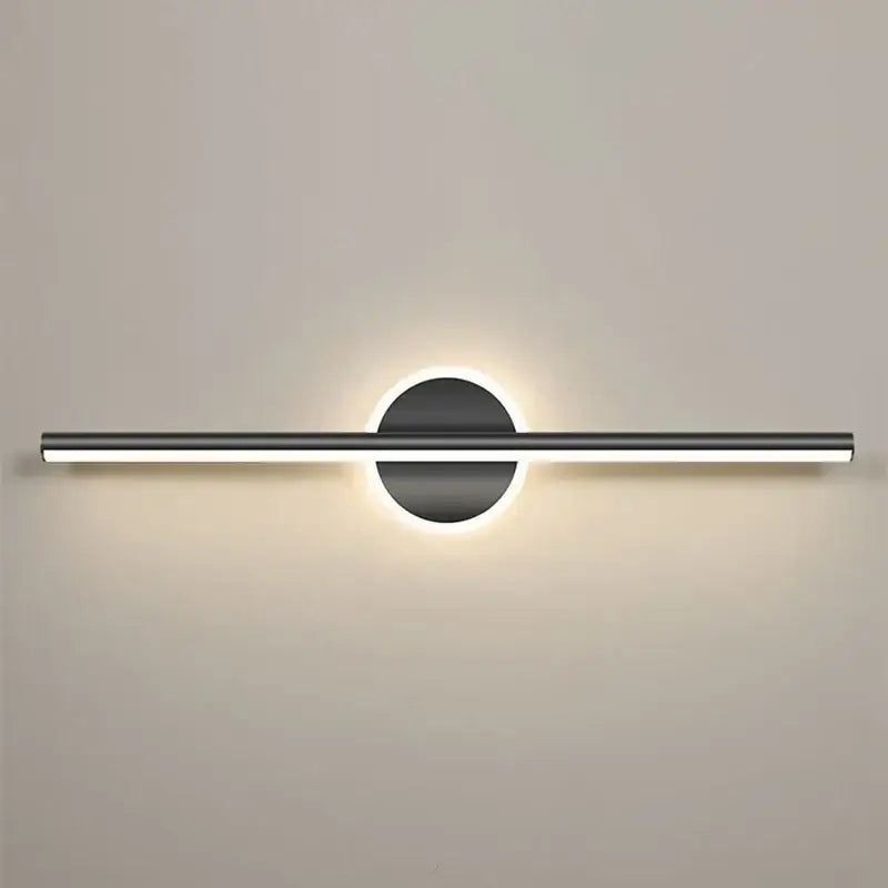 Modern black minimalist wall lamp decorbites led mirror with cylindrical bar and circular base emitting warm ambient light