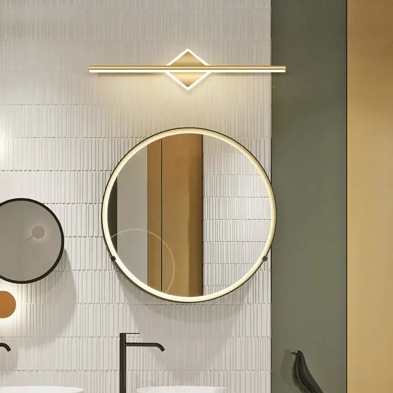 Gold-toned decorbites led mirror light wall lamp with sleek horizontal bar and diamond-shaped center for bathroom use