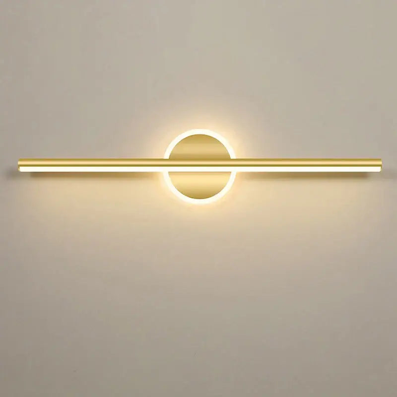 Gold-toned modern wall lamp with sleek horizontal bar and circular fixture for decorbites led mirror light bathroom use