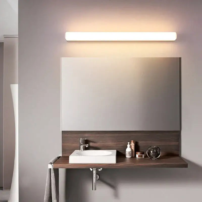 Modern rectangular decorbites led mirror with dark wood accent panel and sleek design for wall sconces indoor lighting