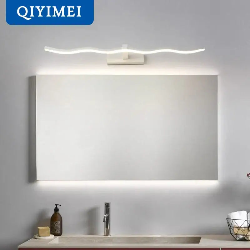 White wavy led mirror lights with sleek modern design and integrated illumination by decorbites led mirror light