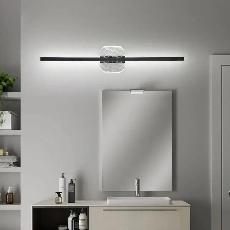 Modern black decorbites led mirror wall lamp with central hexagonal mesh design for minimalist bathroom decor
