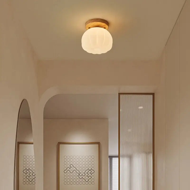 A warm frosted glass globe ceiling light with wooden base decorbites led modern fixture for living room balcony