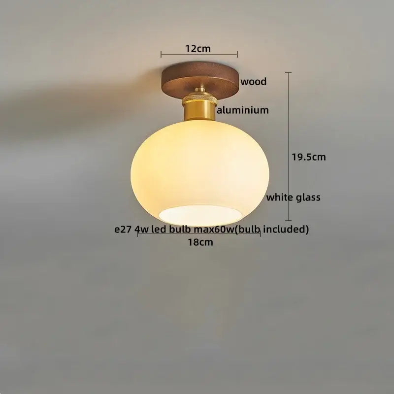 DecorBites led modern ceiling light with warm white glass pendant, wooden mount, and brass aluminum hardware