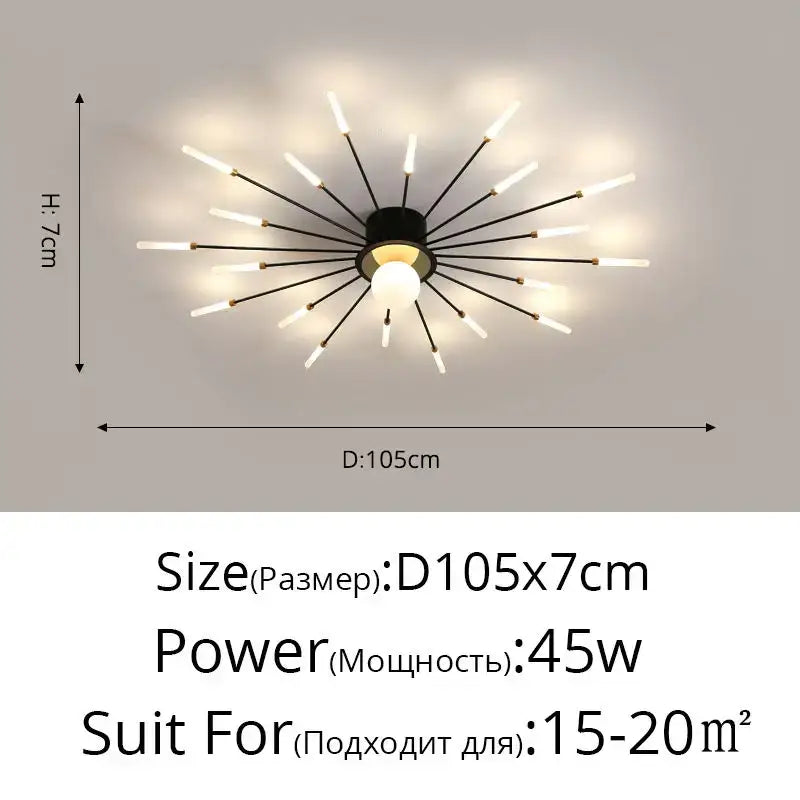 Decorbites™ led modern ceiling light featuring a black and white starburst design with slender arms for bedroom use