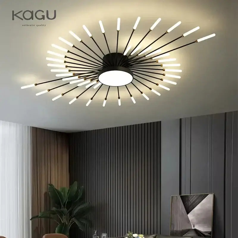 Black kagu modern ceiling light with central circular fixture and illuminated white cylindrical lamps for bedroom and hall