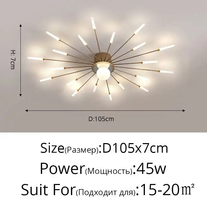 Decorbites™ modern ceiling light with brass finish and white led rods radiating from central globe for bedroom and living room