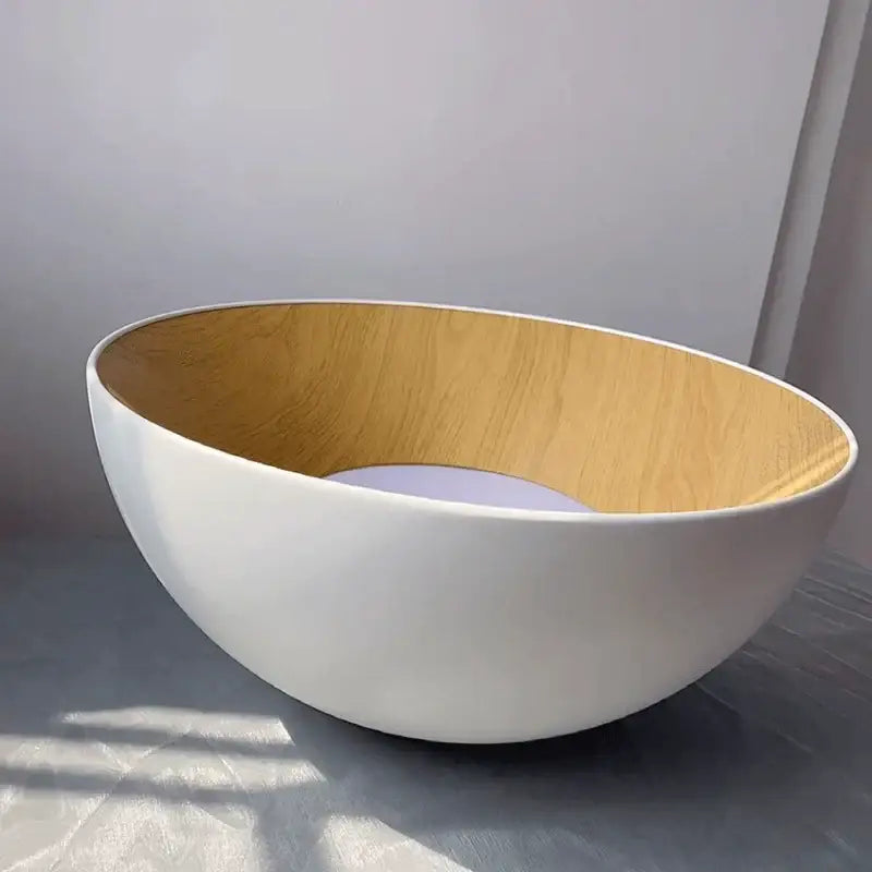 A sleek white ceramic bowl with natural wood interior complements the decorbites led modern chandelier ceiling lamp