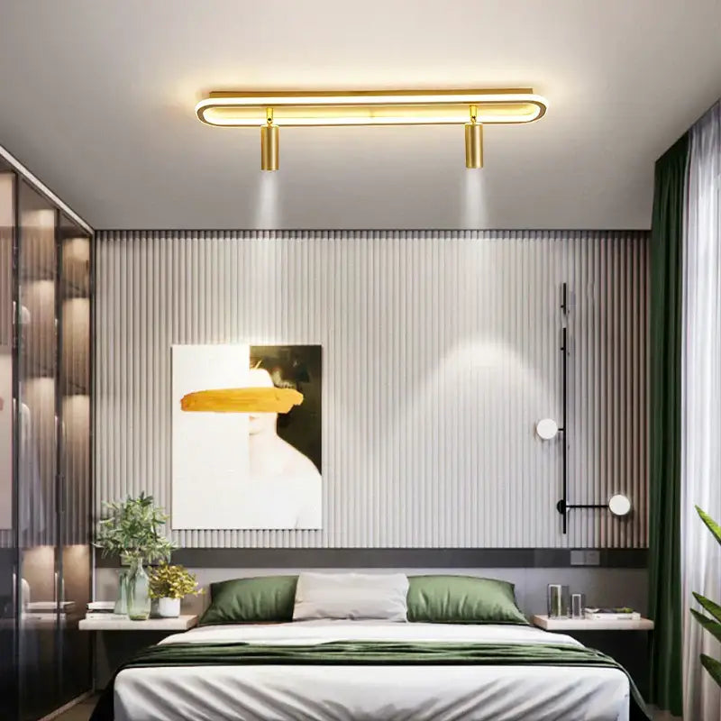 Gold-toned DecorBites™ LED modern chandelier with two adjustable spotlights for living room and bedroom lighting