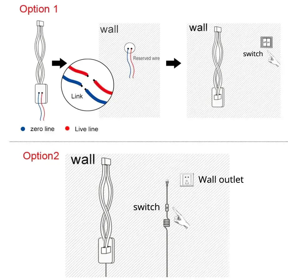 The image shows two wiring options for decorbites led modern wall lamp with twisted wires and link connector