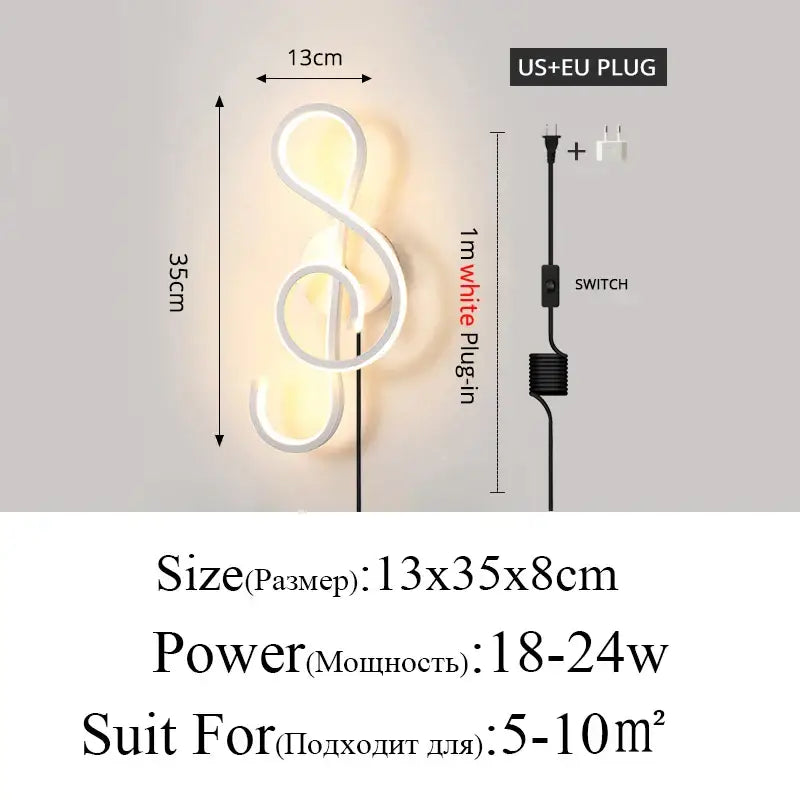 A decorbites led modern wall lamp featuring a sleek white neon treble clef design with a black power cord for indoor use