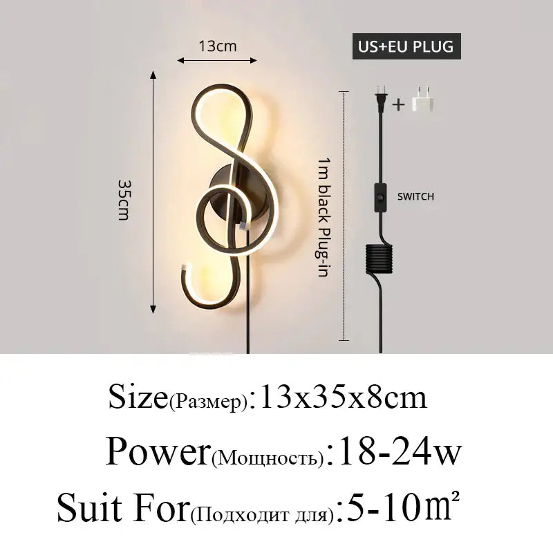 Modern black and white decorbites led modern wall lamp shaped like a treble clef for bedroom and living room lighting