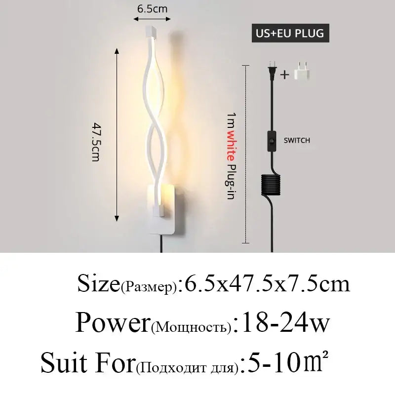 Decorbites led modern white wall lamp with sleek twisted design and integrated switch for bedroom and corridor lighting