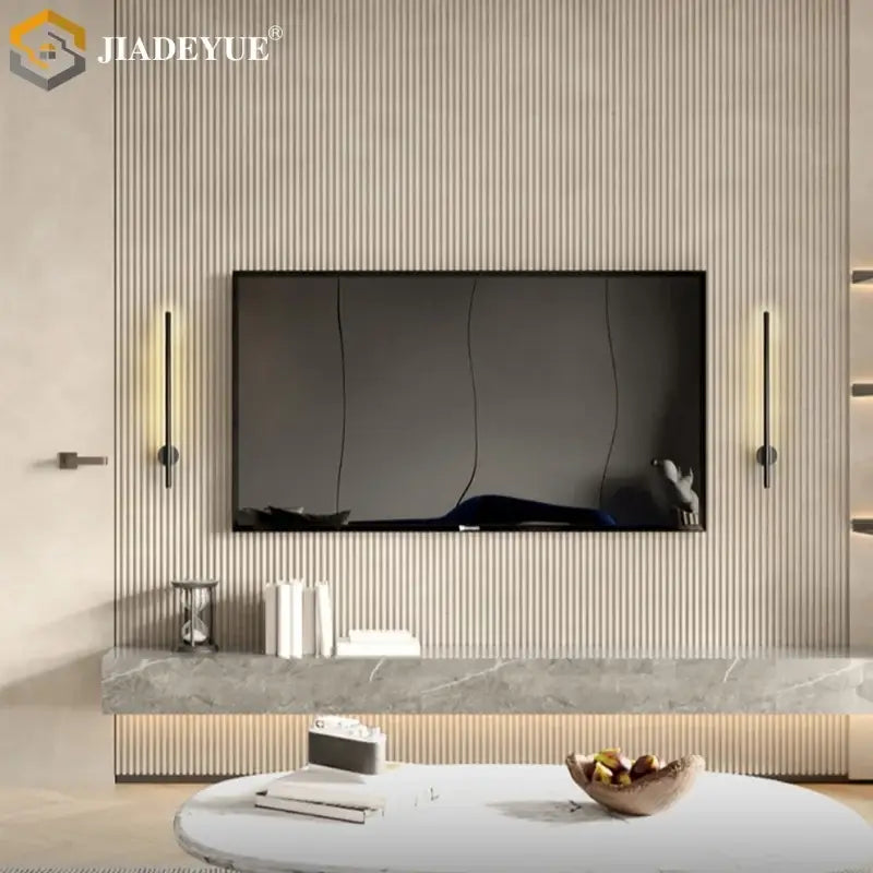 Black-framed flat-screen tv mounted on beige wall with sleek decorbites led modern wall lamps with built-in switch