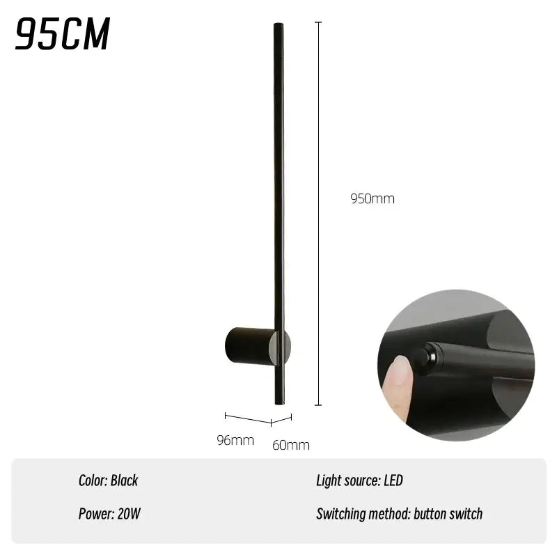 Black sleek 95cm DecorBites led modern wall lamp with minimalist cylindrical design and built-in button switch for living room decor