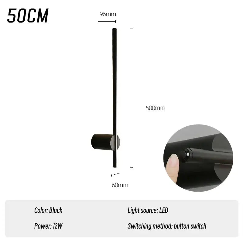 Black matte DecorBites LED modern wall lamp with sleek vertical bar, cylindrical base, and built-in button switch