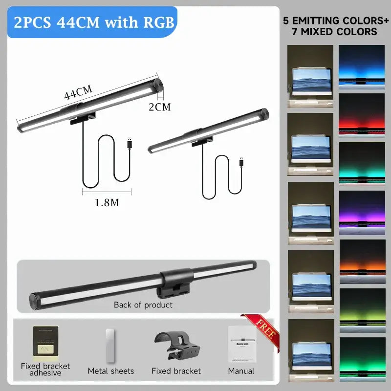 Silver metallic DecorBites LED monitor bar with RGB lighting and adjustable mounting brackets for desk lamp use