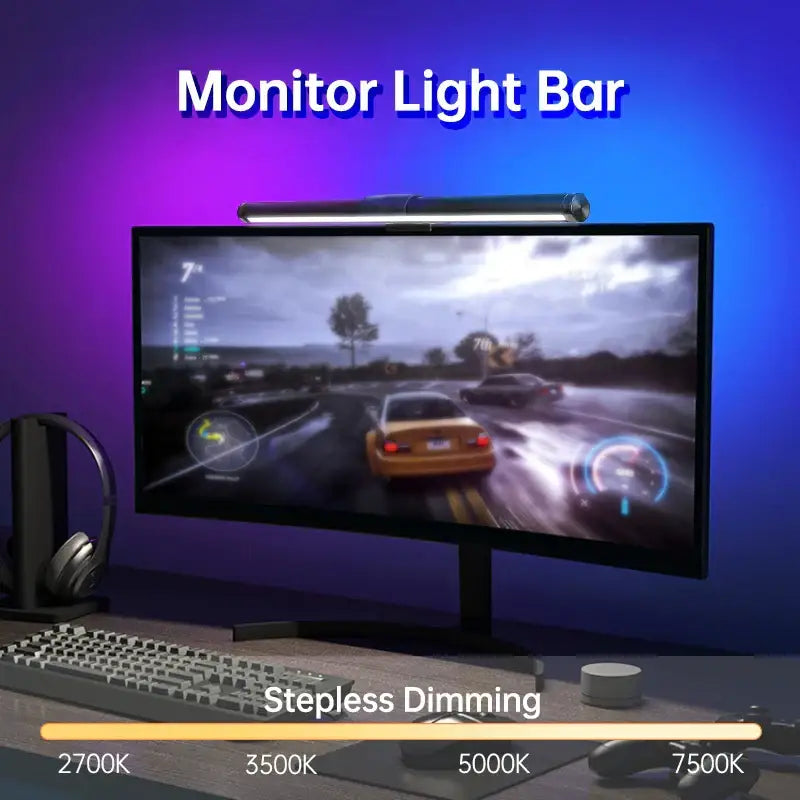 A sleek metallic decorbites led monitor bar light with adjustable color temperature for dimming pc screens and desk lamp use