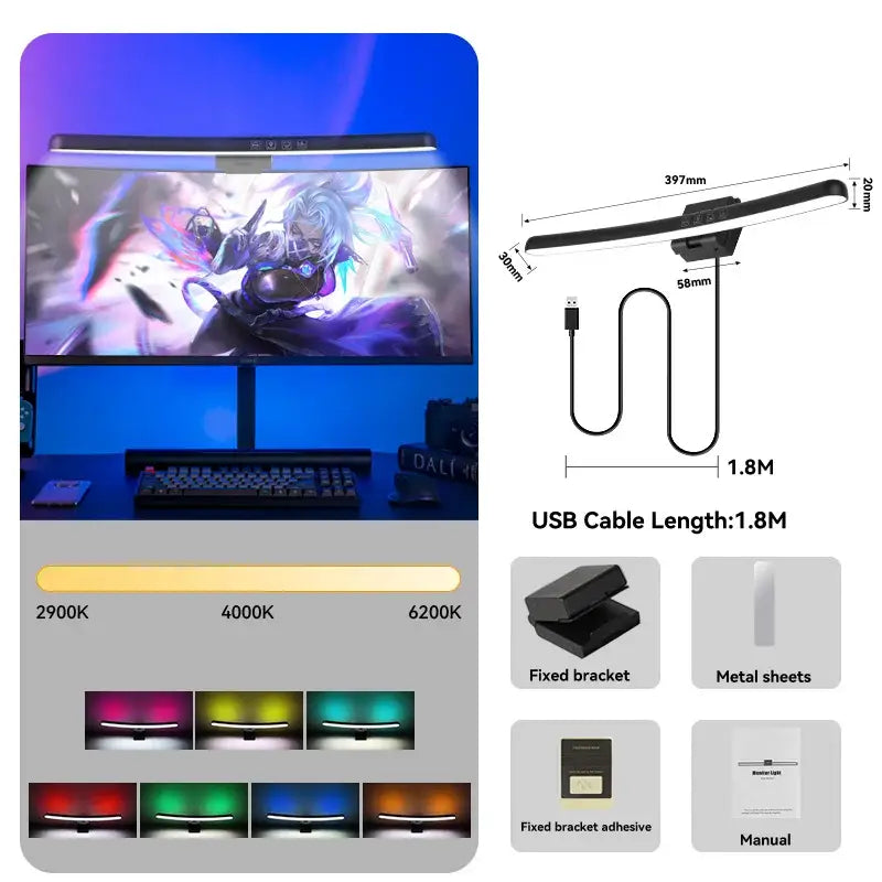 Black decorbites led monitor bar light with adjustable color temperature and stepless rgb dimming desk lamp features