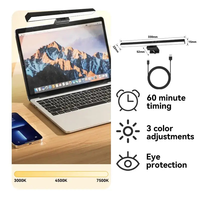 A sleek minimalist black decorbites led monitor bar desk lamp with adjustable color temperature settings for dimming pc screens