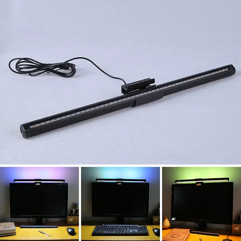 Black decorbites led monitor bar light with adjustable rgb color settings for use as a dimming desk lamp