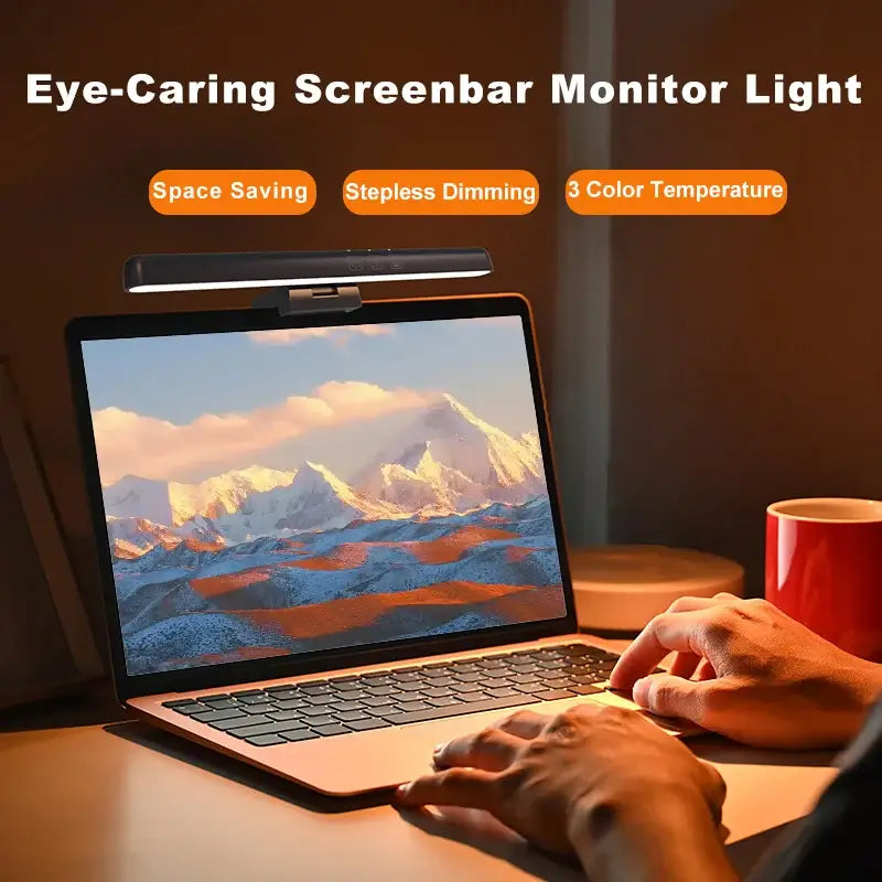 Black sleek decorbites led monitor screen light bar with slim design positioned above laptop for optimal desk lighting