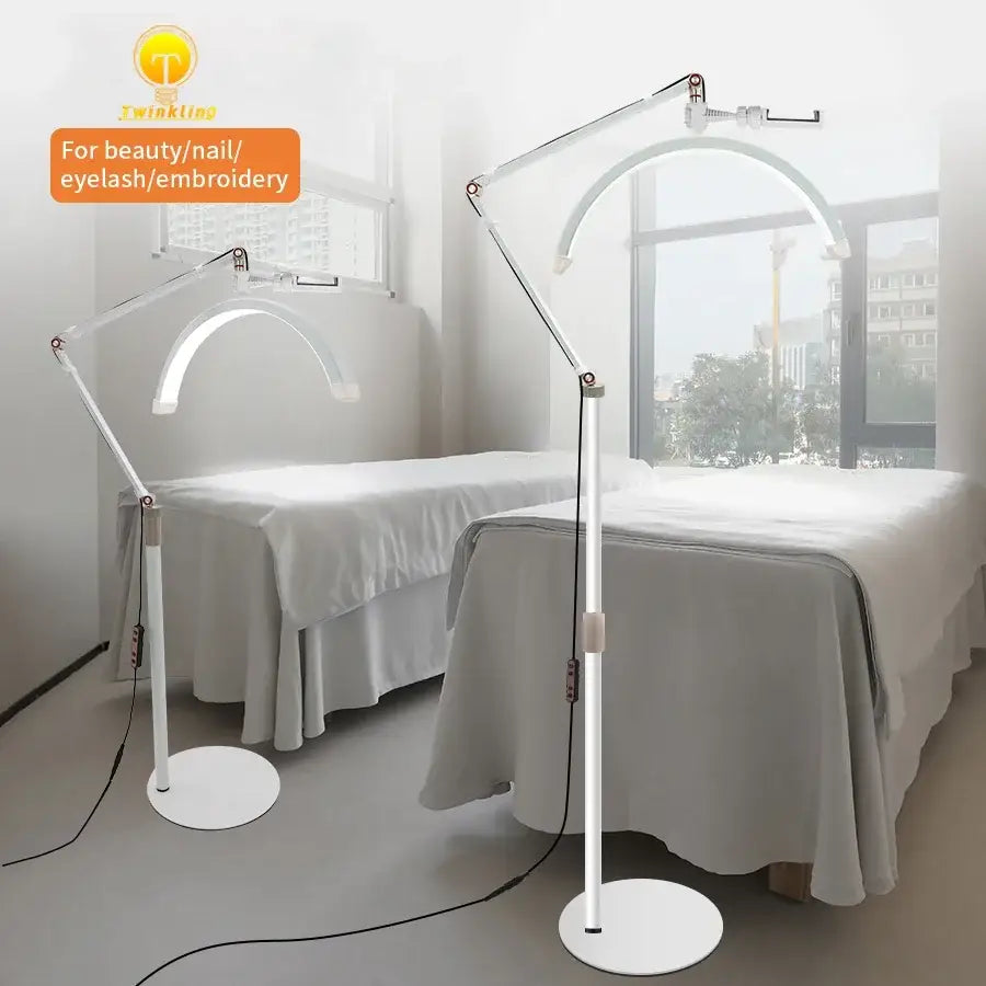 White adjustable led moon beauty floor lamp by decorbites with arched stand for nail eyelash or embroidery use