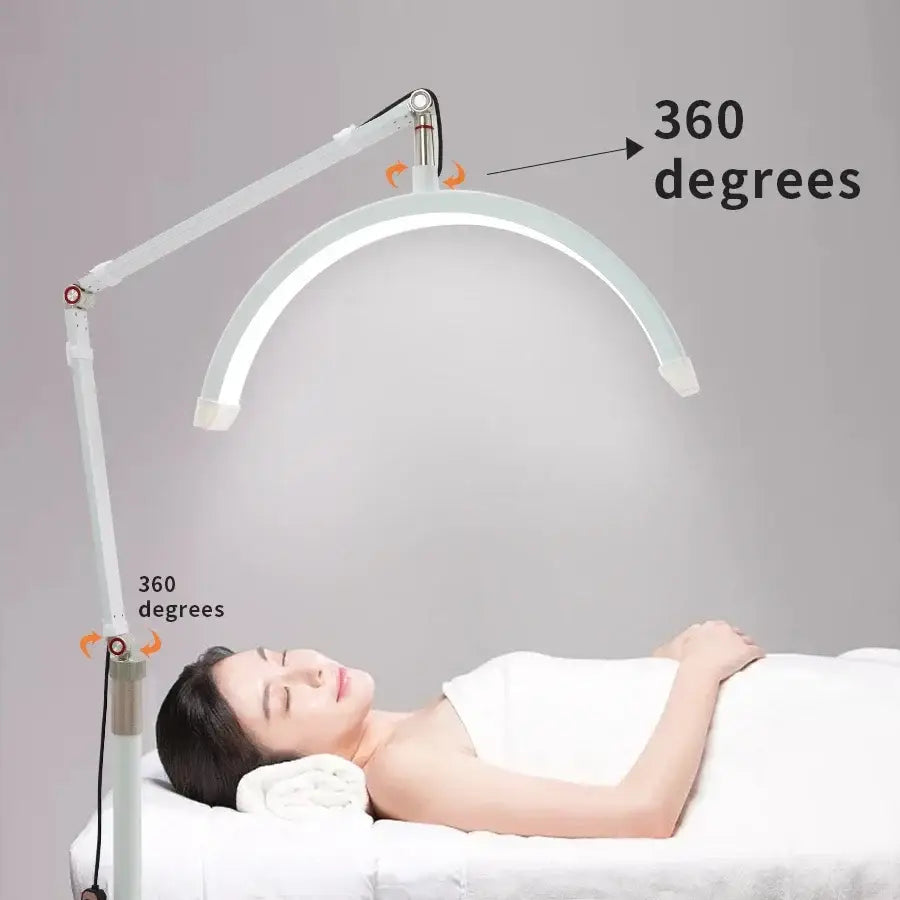 White adjustable DecorBites LED Moon beauty floor lamp with 360-degree articulated LED ring light for facial treatments
