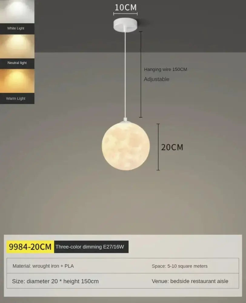 Decorbites led moon spherical pendant light with warm textured surface and adjustable white hanging wire for home decor