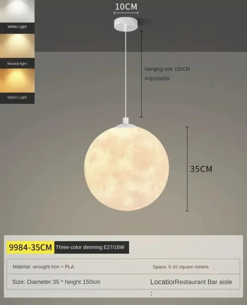 A 35cm diameter warm textured spherical decorbites led moon planet ceiling pendant light with adjustable wire